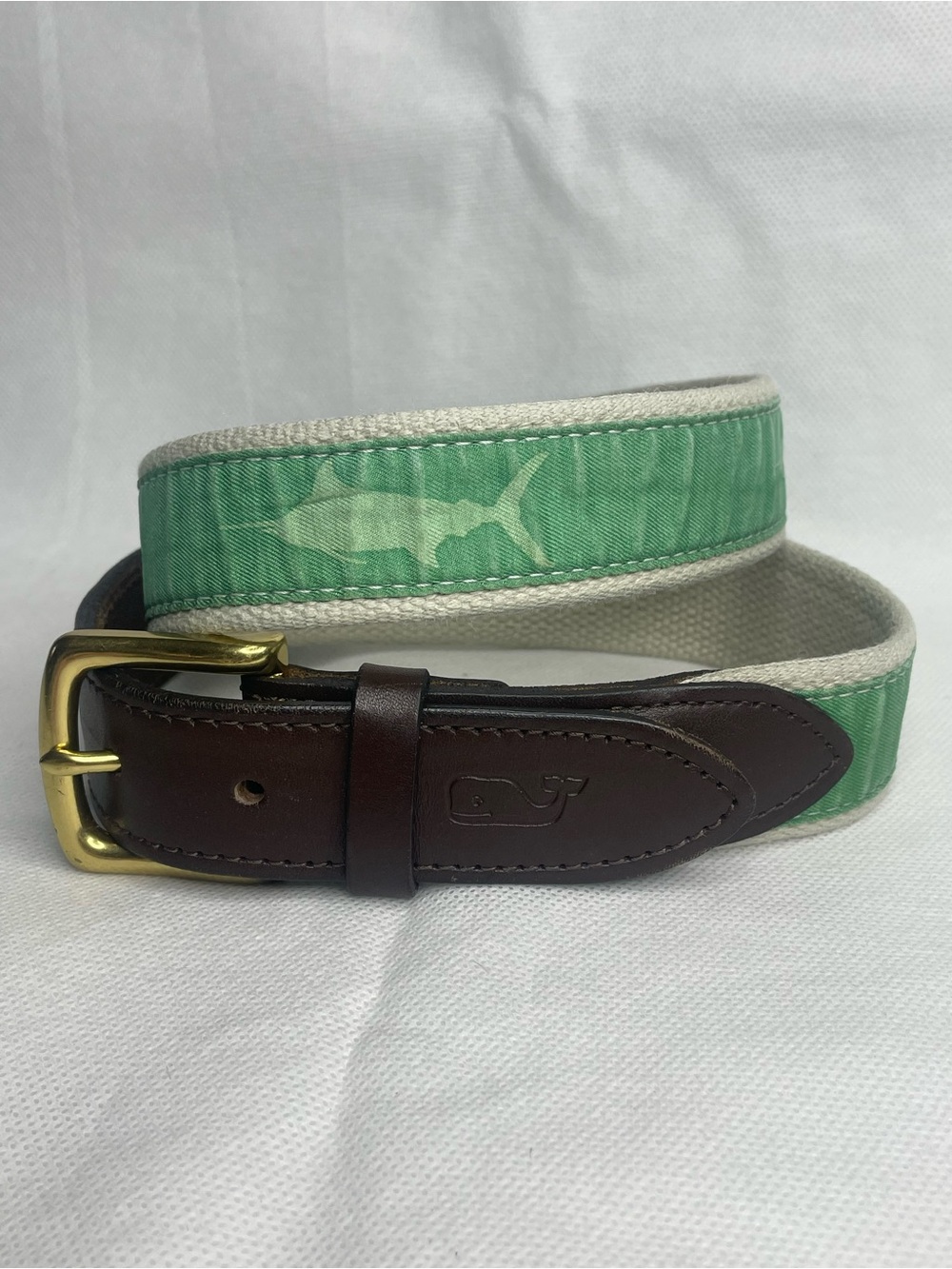 Vineyard Vines Swordfish Fishing Golf Canvas Leather Belt Size 32 Green Tan USA